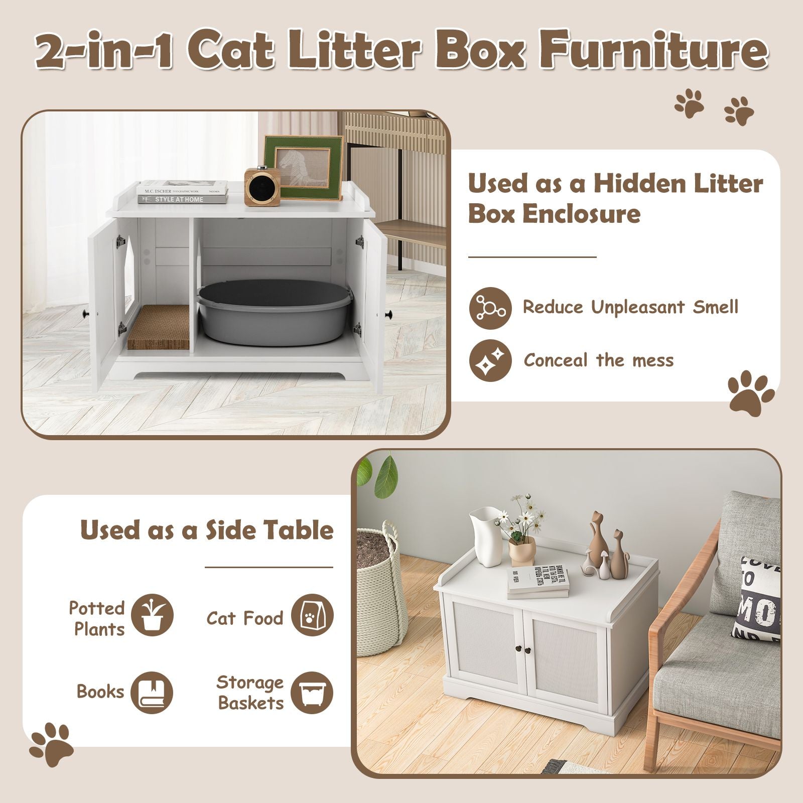 Cat Litter Box Enclosure with Scratching Pad and Adjustable Divider