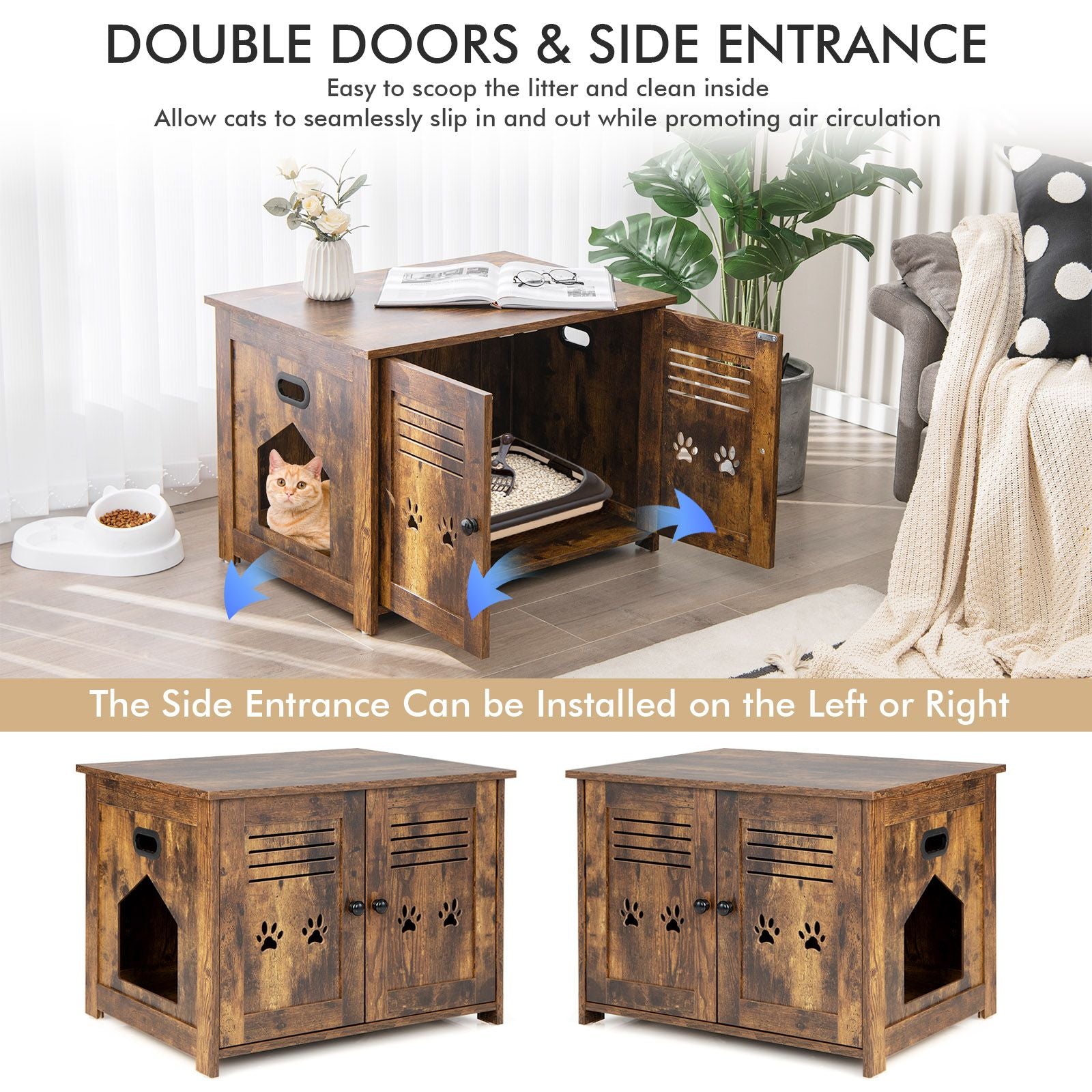 Cat Litter Box Enclosure with Double Louvered Doors, Side Entrance