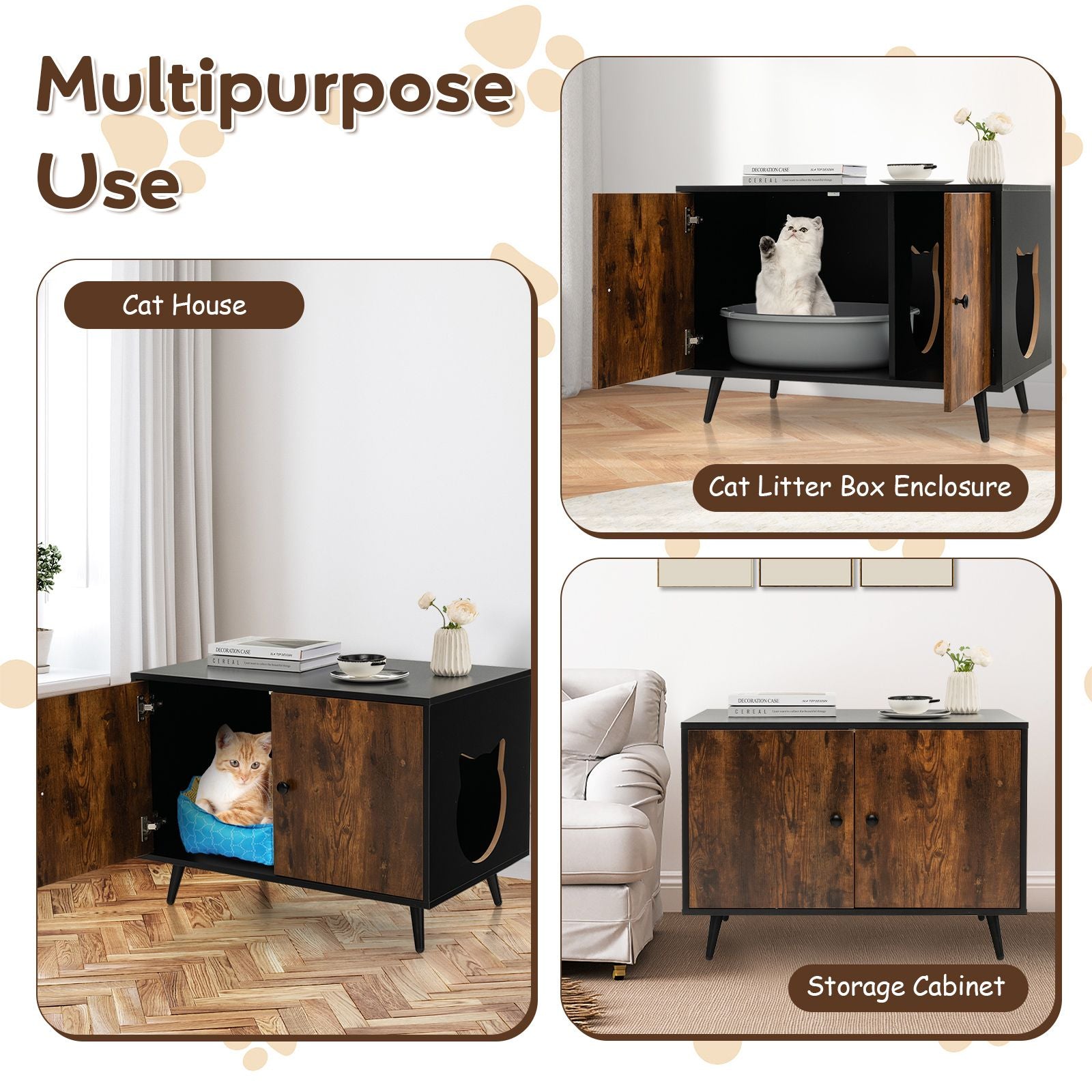 Modern Cat Litter Box Enclosure with Divider and 2 Cat Head-Shaped Entries