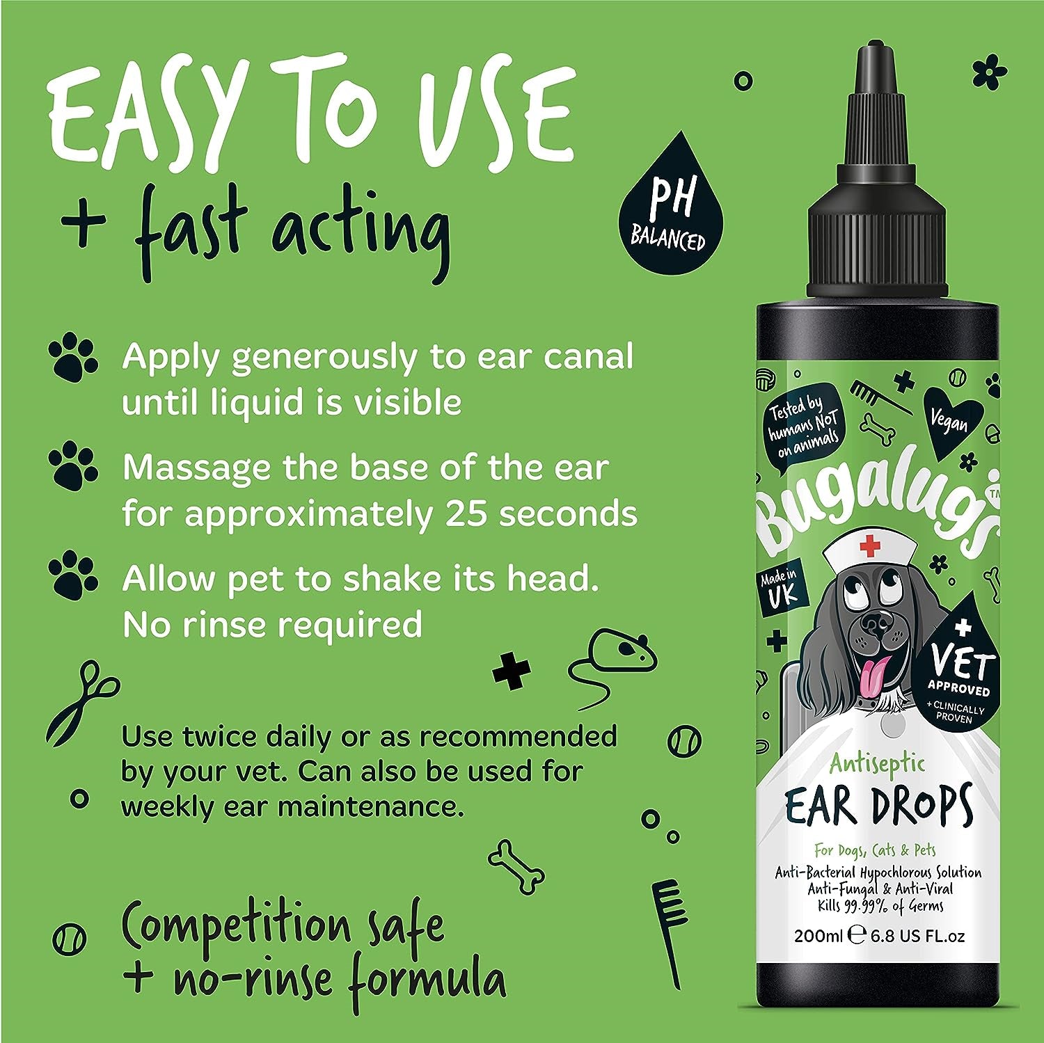 BUGALUGS Dog Ear Drops Treatment Provides Relief for Yeast Infection, Itching -