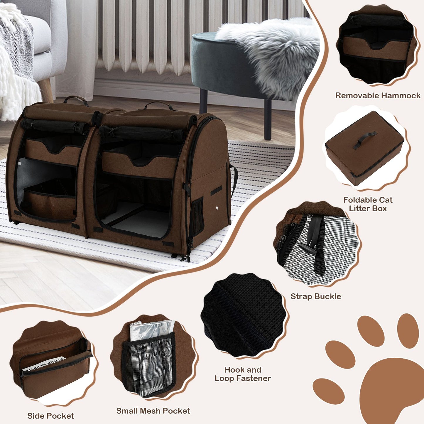2 Compartments Pet Travel Carriers with Removable Hammocks and Mats