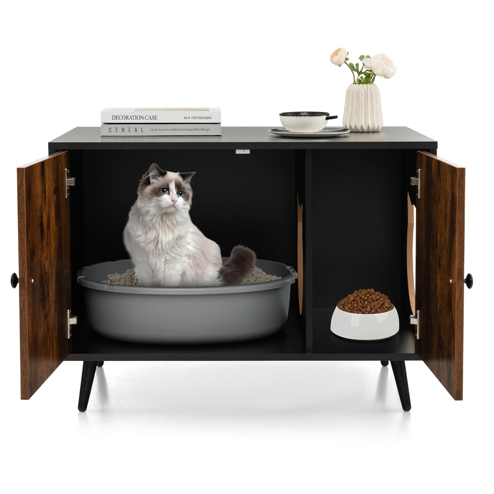 Modern Cat Litter Box Enclosure with Divider and 2 Cat Head-Shaped Entries