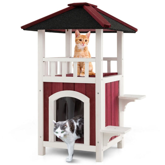 2-Story Wooden Cat Shelter with Asphalt Roof