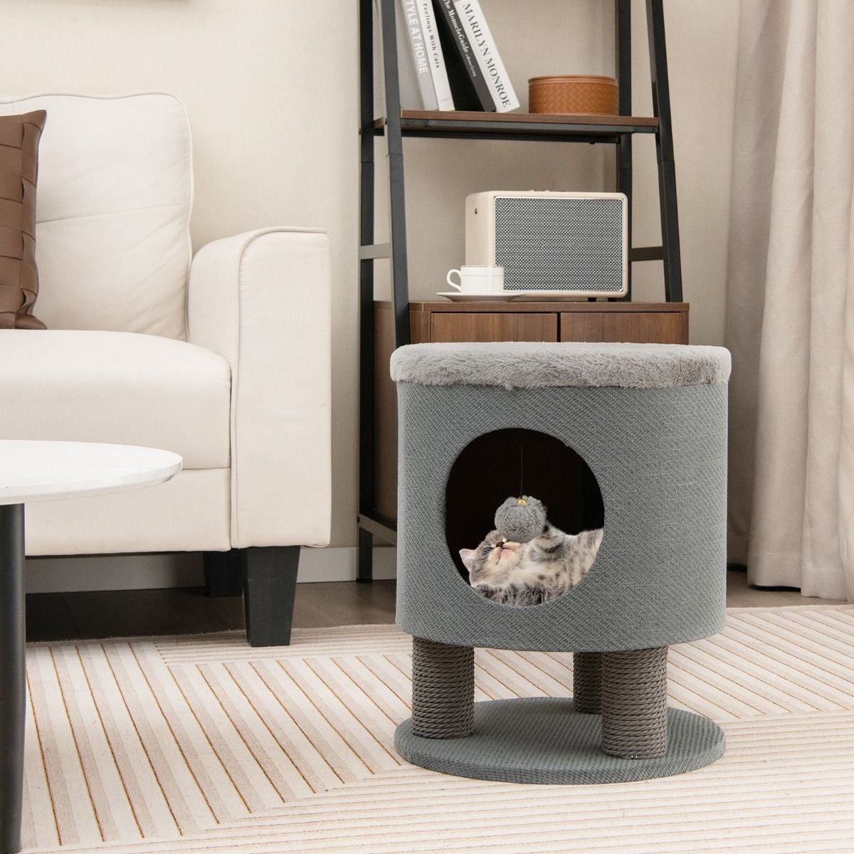 Cat Condo Stool for Indoor Cats with Scratching Posts and Plush Ball Toy