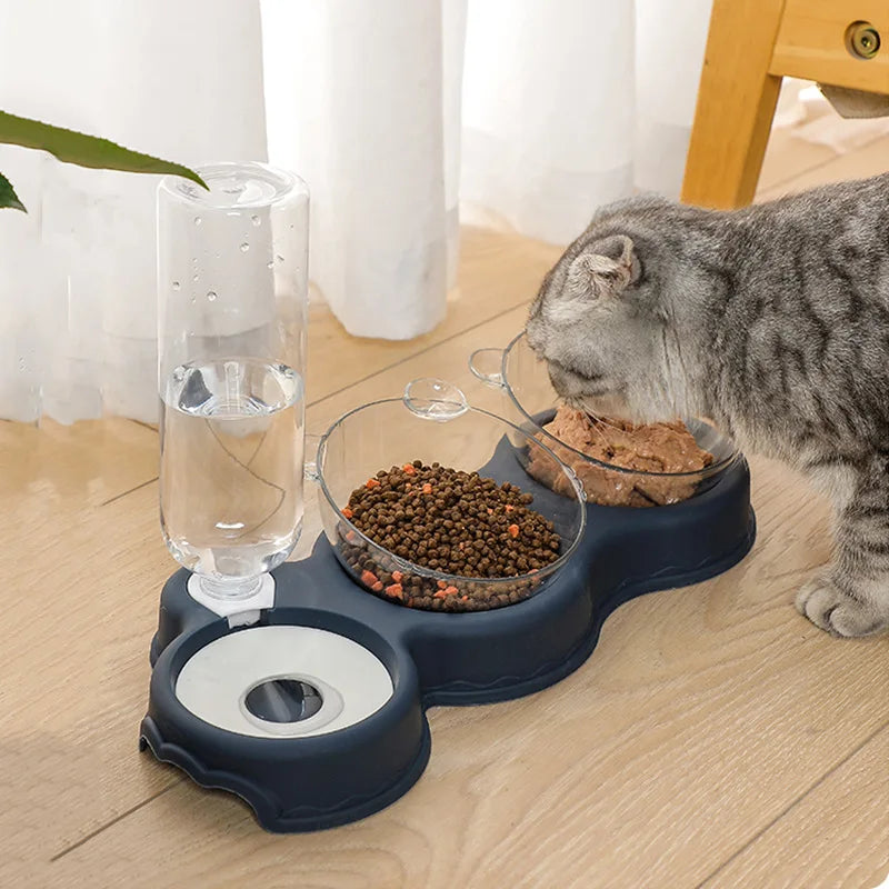 Pet Cat Automatic Feeder Plastic 3-In-1 Dog Food Bowl Double Bowls Automatic Water Reservoir Drinker Cat Feeding Accessories
