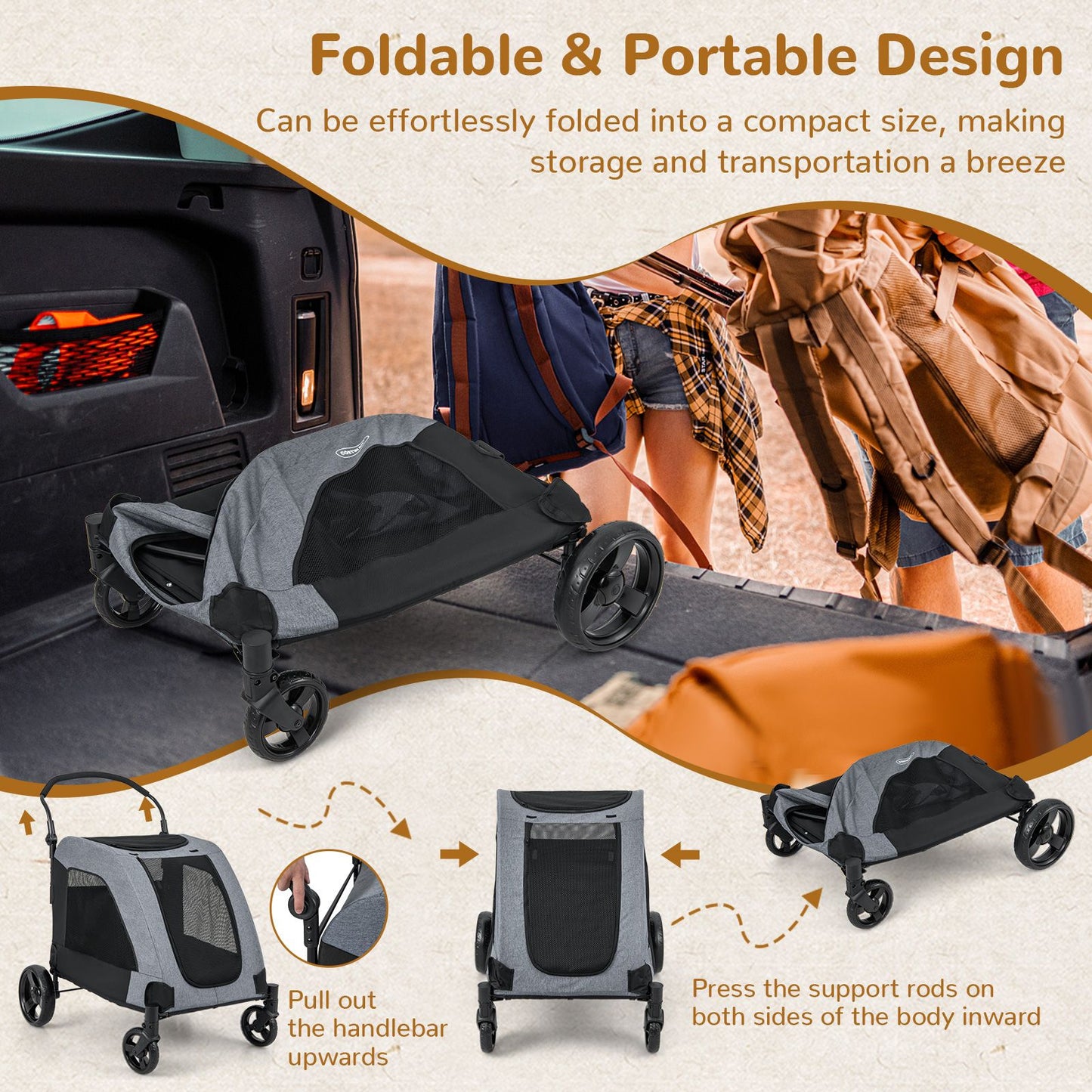Foldable Pet Stroller with Front Door and Skylight for Medium Large Dogs