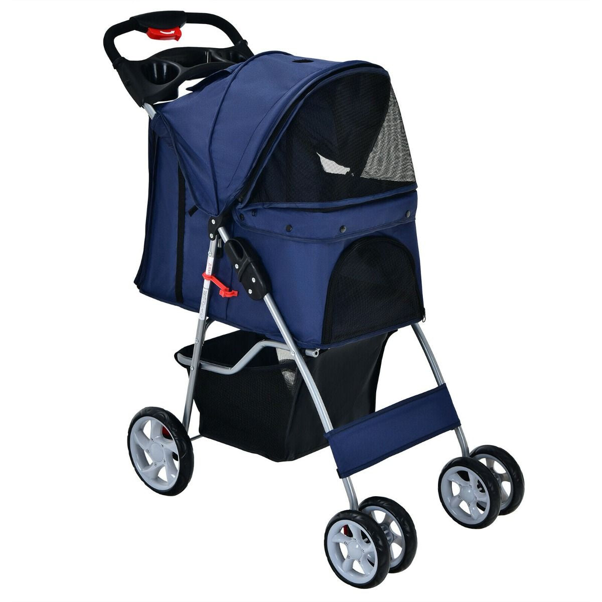 4-Wheel Folding Pet Stroller with Storage Basket and Adjustable Canopy