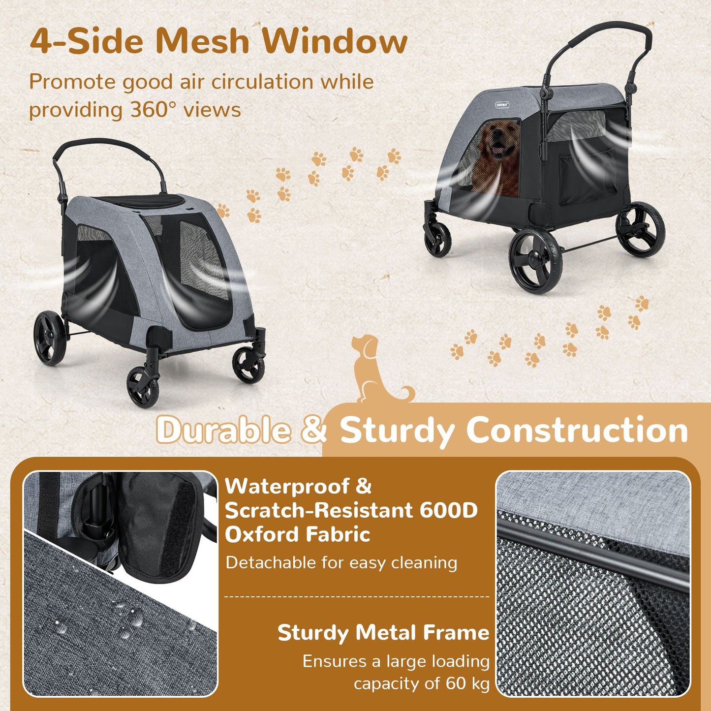 Foldable Pet Stroller with Front Door and Skylight for Medium Large Dogs
