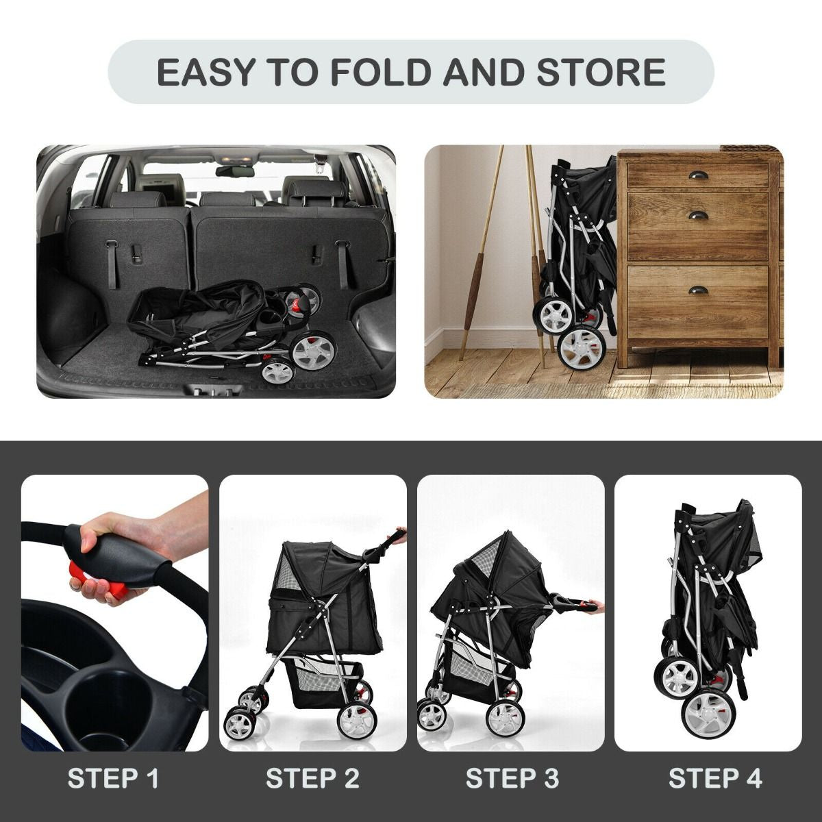 4-Wheel Folding Pet Stroller with Storage Basket and Adjustable Canopy