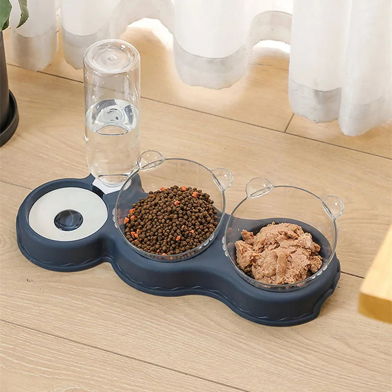 Pet Cat Automatic Feeder Plastic 3-In-1 Dog Food Bowl Double Bowls Automatic Water Reservoir Drinker Cat Feeding Accessories