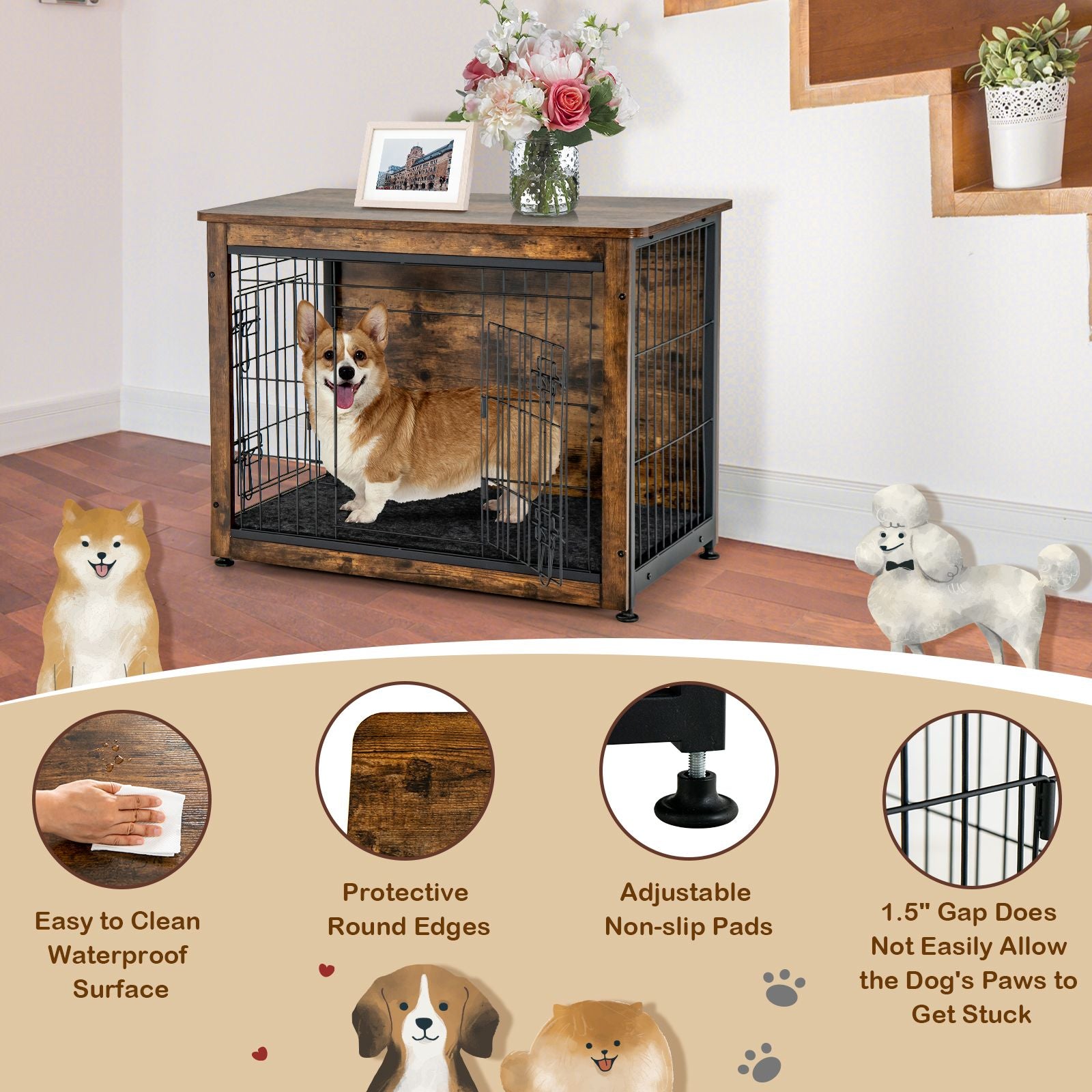 Wooden Dog Cage Furniture with Double Doors and Cushion