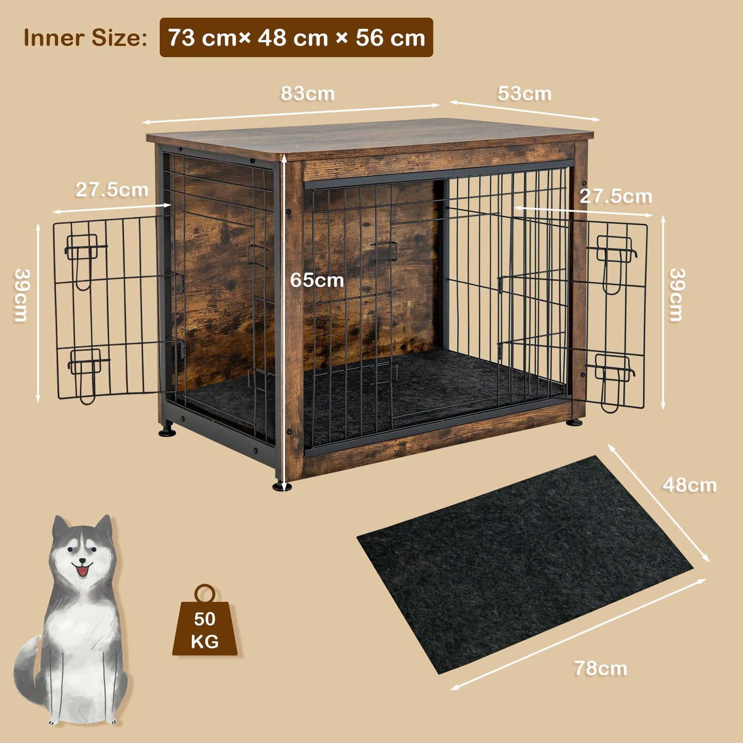 Wooden Dog Cage Furniture with Double Doors and Cushion